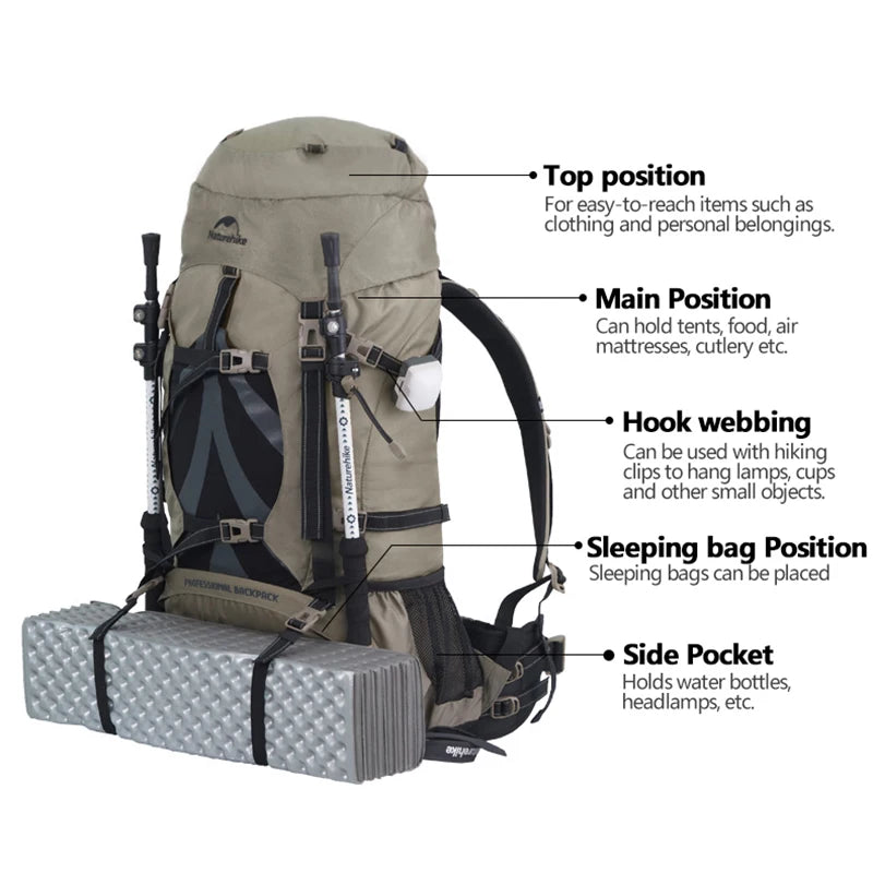 Naturehike 70L Large Capacity Hiking Backpack